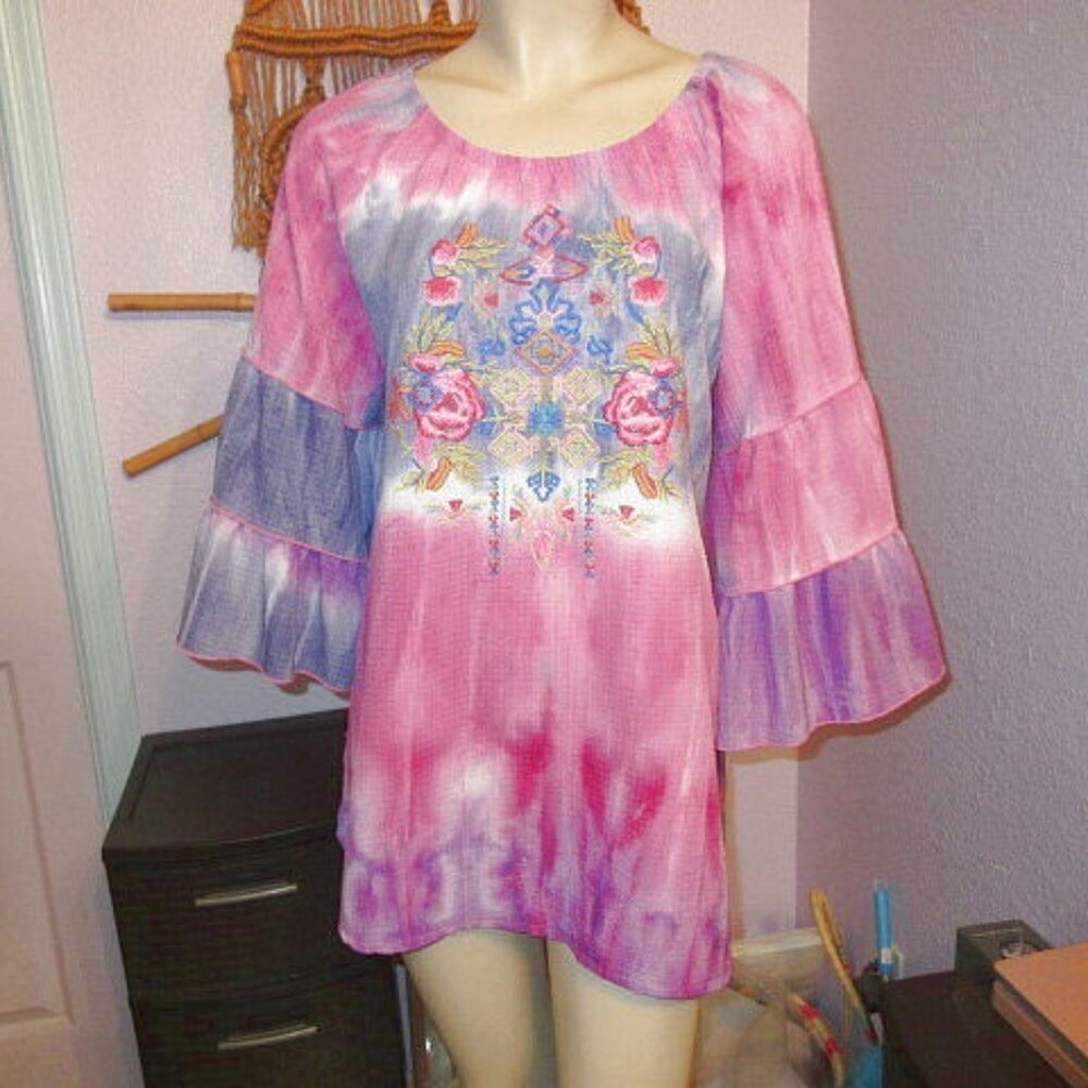 Calessa Embroidered Blouse Top Size M Gauze Floral Tunic Fairy Boho Peasant NEW